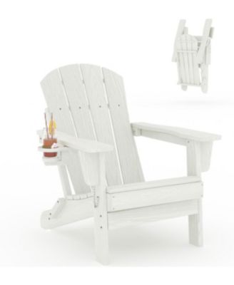 Folding HDPE Adirondack Chair with Cup Holder - All Weather Wooden Texture Outdoor Patio Chair