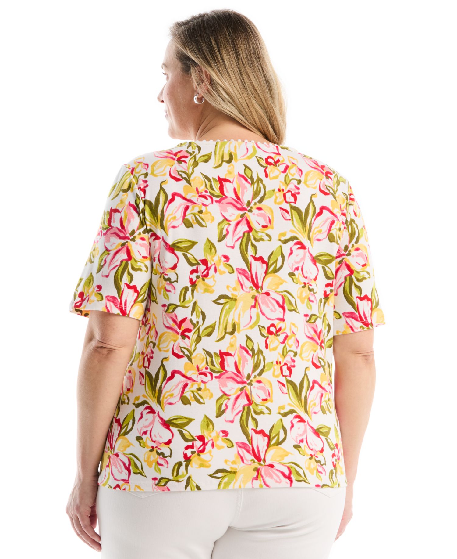 Plus Size Petal Print Pom Trim Detail Short-Sleeve Top