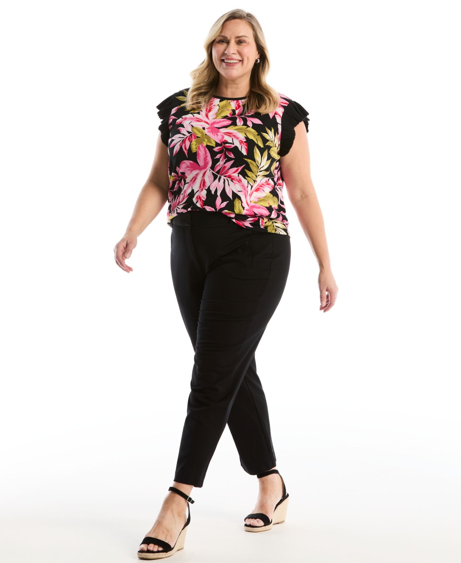 Plus Size Tropical Print Ruffle Cap-Sleeve Top