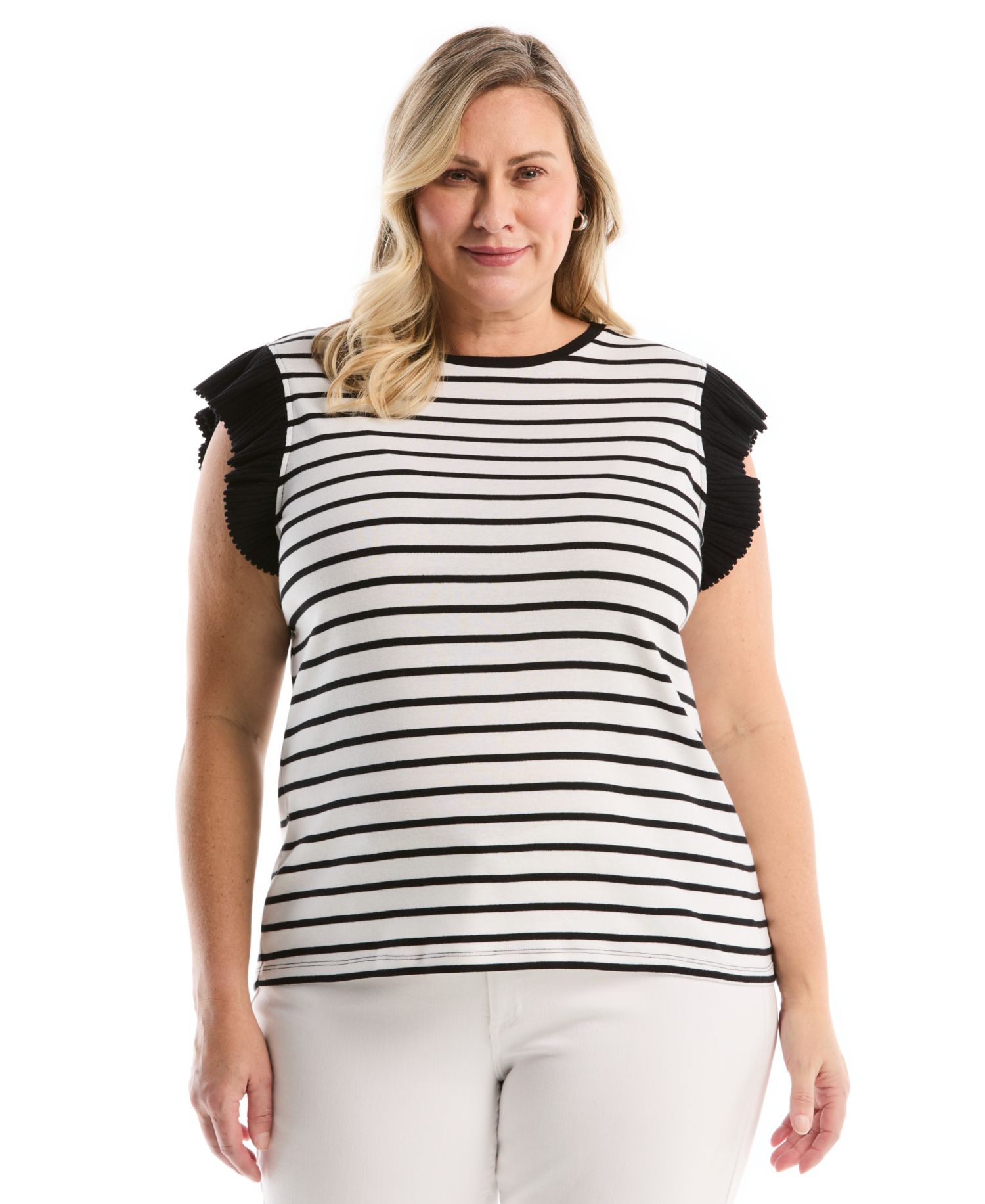 Plus Size Striped Ruffle Cap-Sleeve Top