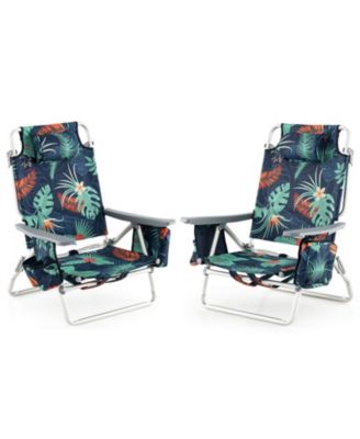 2 Pieces Beach Chair 5-Position Outdoor Reclining Chairs w/ Head Pillow and Storage Bag