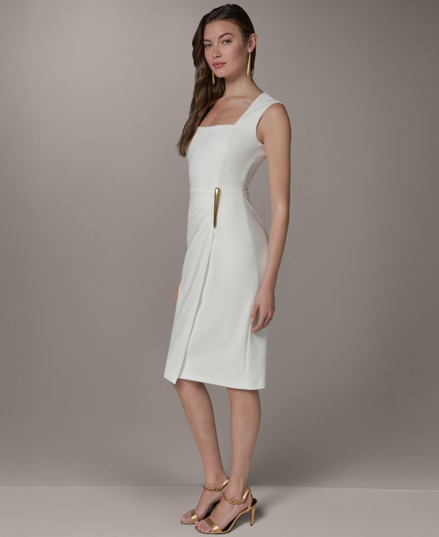 Women's Square Neck Sheath Sleeveless Hardware Midi Dress