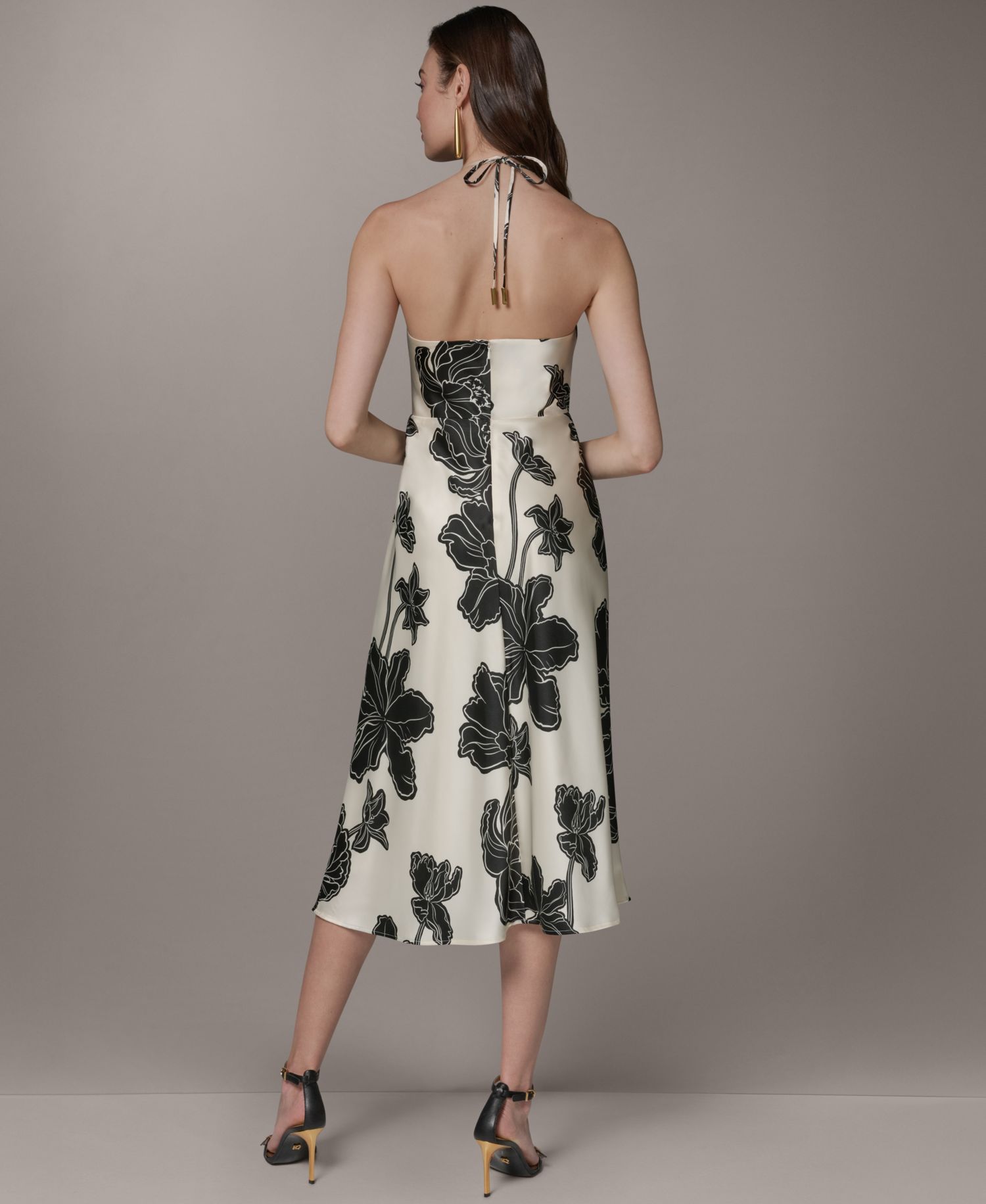 Women's Cowl Neck Halter Floral A-Line Sleeveless Midi Dress