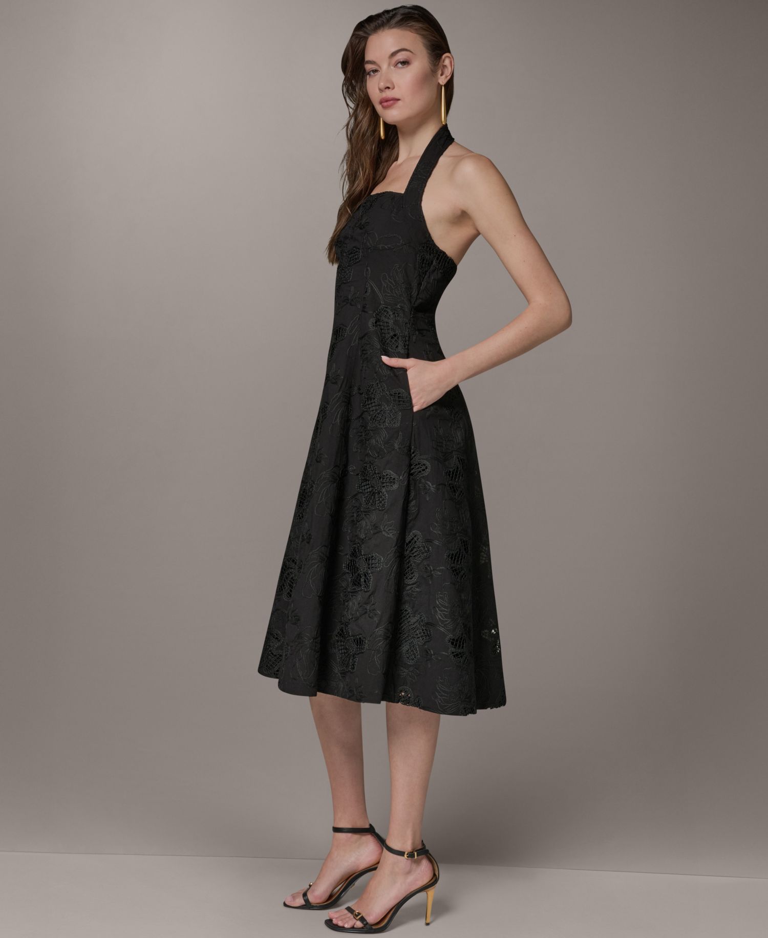 Women's Halter Fit & Flare Sleeveless Embroidered Midi Dress