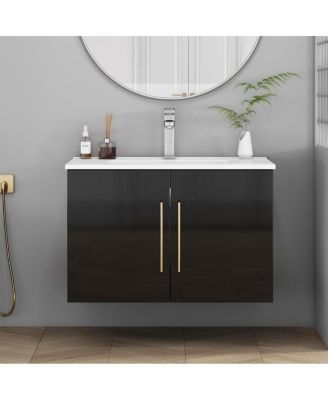 Wall Mounted Bathroom Vanity with Sink, Double Doors, Soft Close Hinges, Modern Glossy Cabinet for Small Spaces