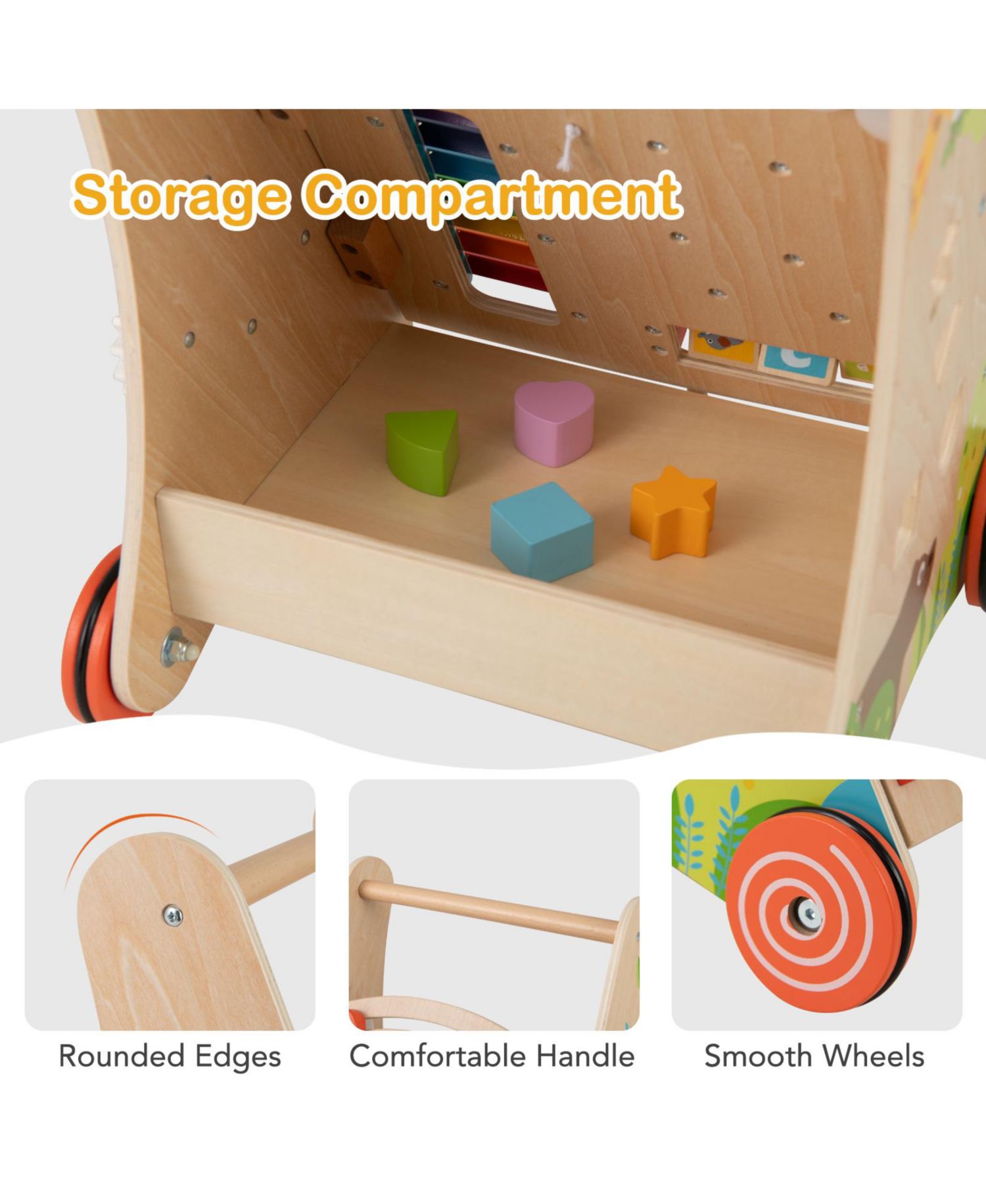 Wooden Baby Push and Pull Walker with Storage and Sturdy Handle-Light Brown