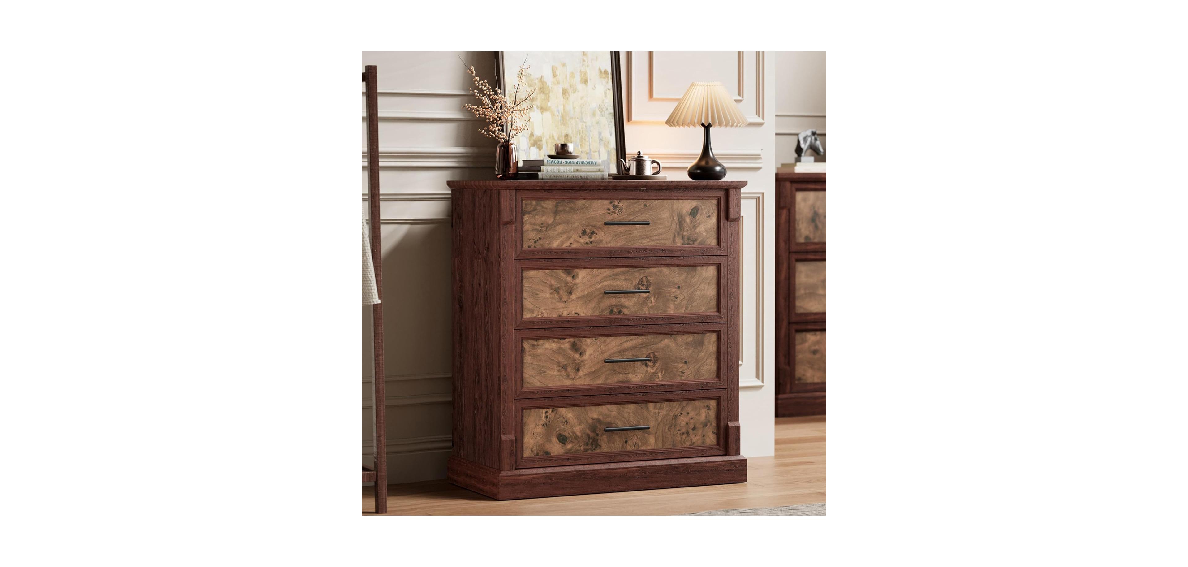 gaomon 4 Drawer Dresser for Bedroom, Farmhouse Tall Chest of Drawers with Metal Handles, Rustic Wooden Storage Cabinet