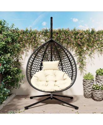 Egg Hanging Chair, Foldable PE Rattan Hammock Swing Chair with Soft Removable Cushion, 330 lbs Capacity for Balcony and Garden