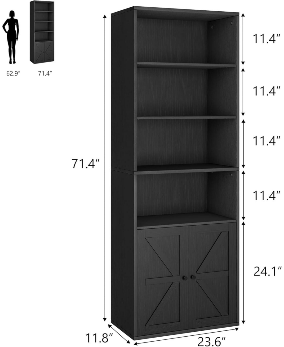 gaomon Tall Bookcase with Doors, 4-Tier Wooden Bookshelf, Floor Standing Display Double Doors and 4 Open Shelves, Ideal for Home