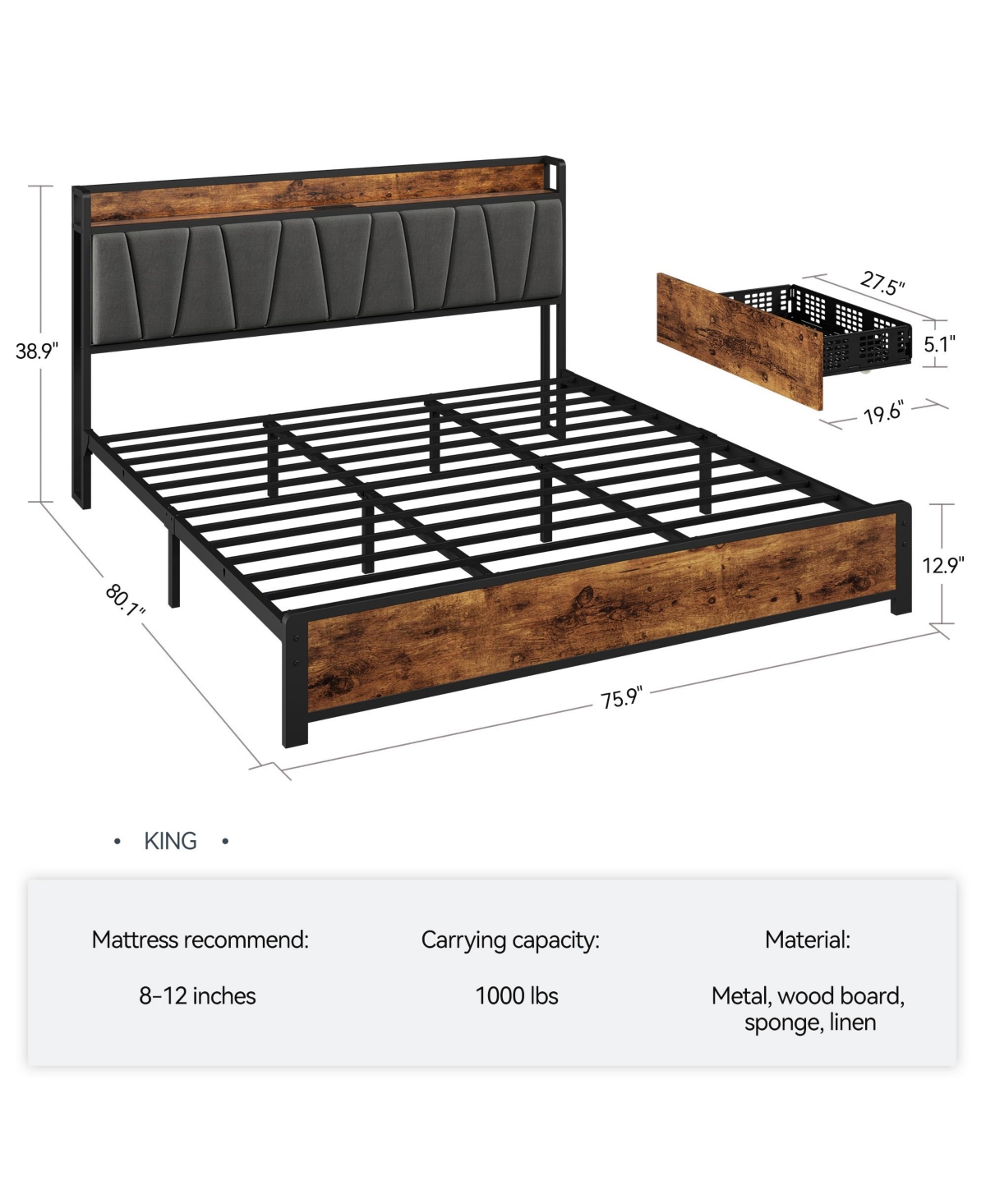 homfan Storage Bed Frame with Linen Upholstered Headboard, 4 Drawers
