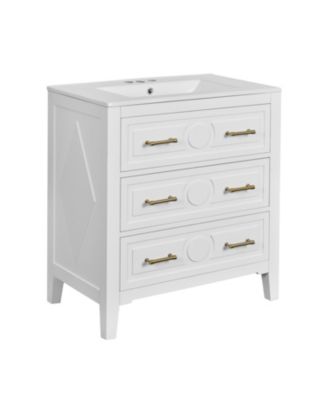 30 Inch Bathroom Vanity with Ceramic Sink Freestanding Single Vanity 3 Drawers Solid Wood Frame Storage Cabinet
