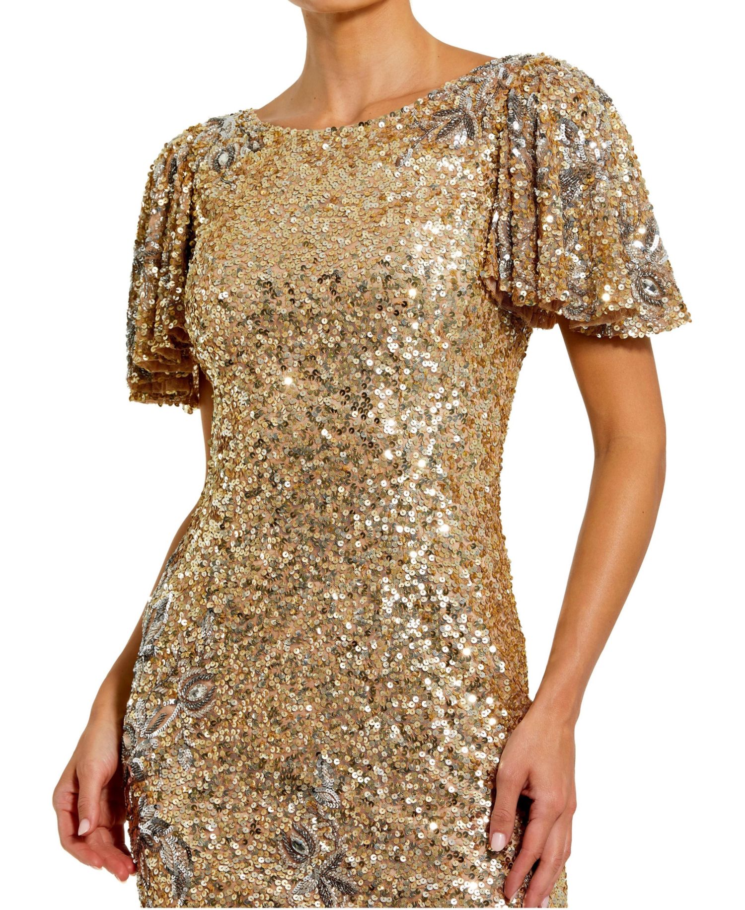 Women's Flutter Sleeve Floral Embellished Sequin Midi Dress