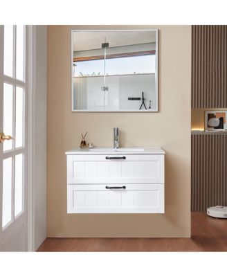 31.5 Inch Wall Mounted Bathroom Vanity with Sink and Mirror, Modern White Floating Solid Wood Cabinet, Soft Close Drawers