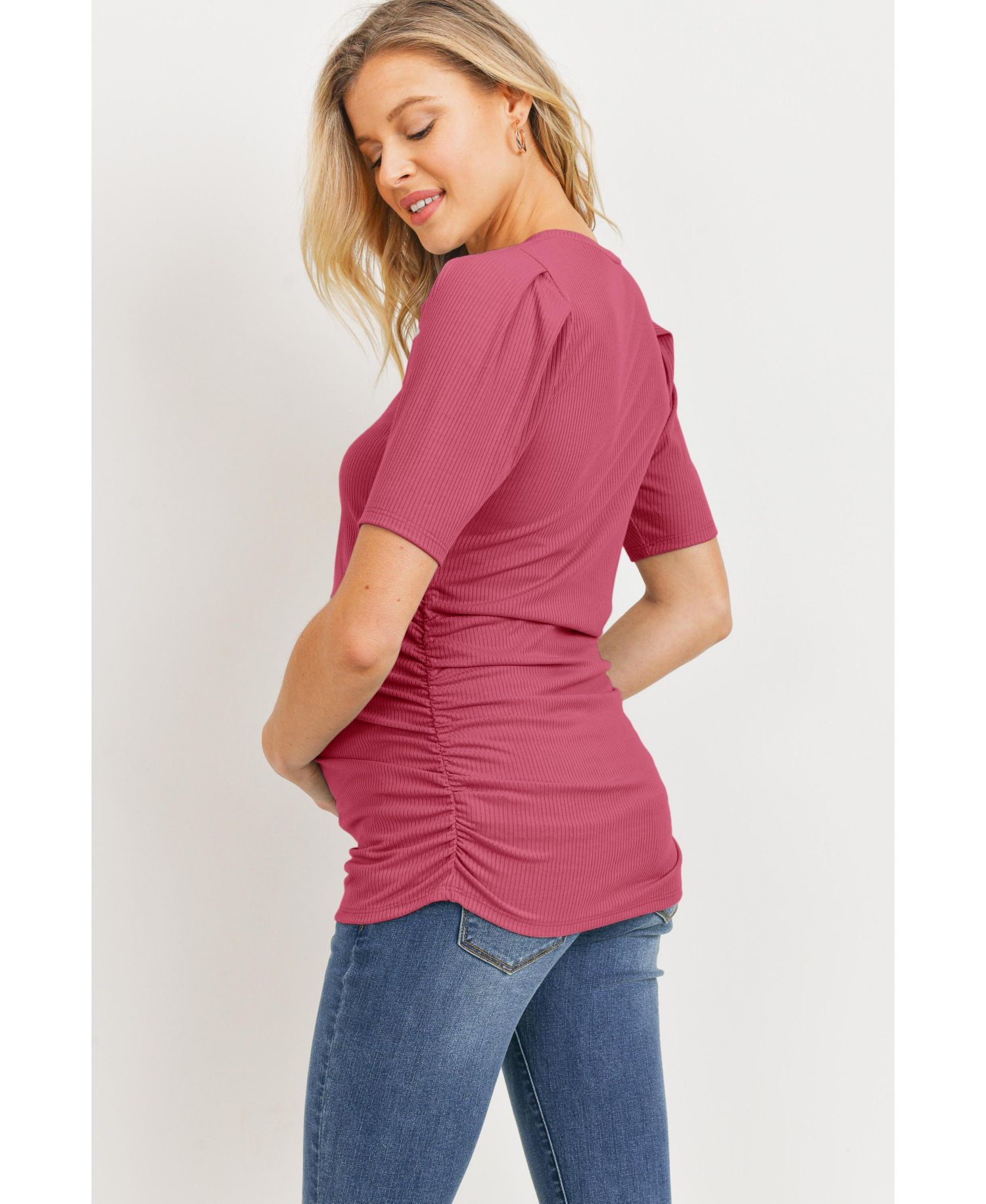 Maternity Ribbed Ruched Short Sleeve Puff Top