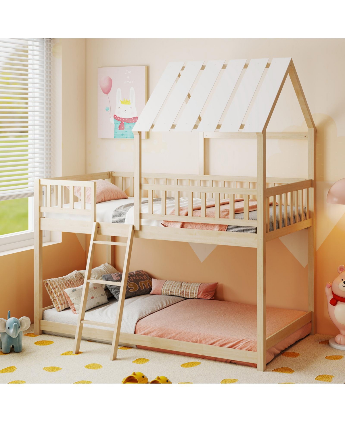 Slickblue House Style Twin Over Bunk Bed with Roof, Guardrails for Kids and Teens Room