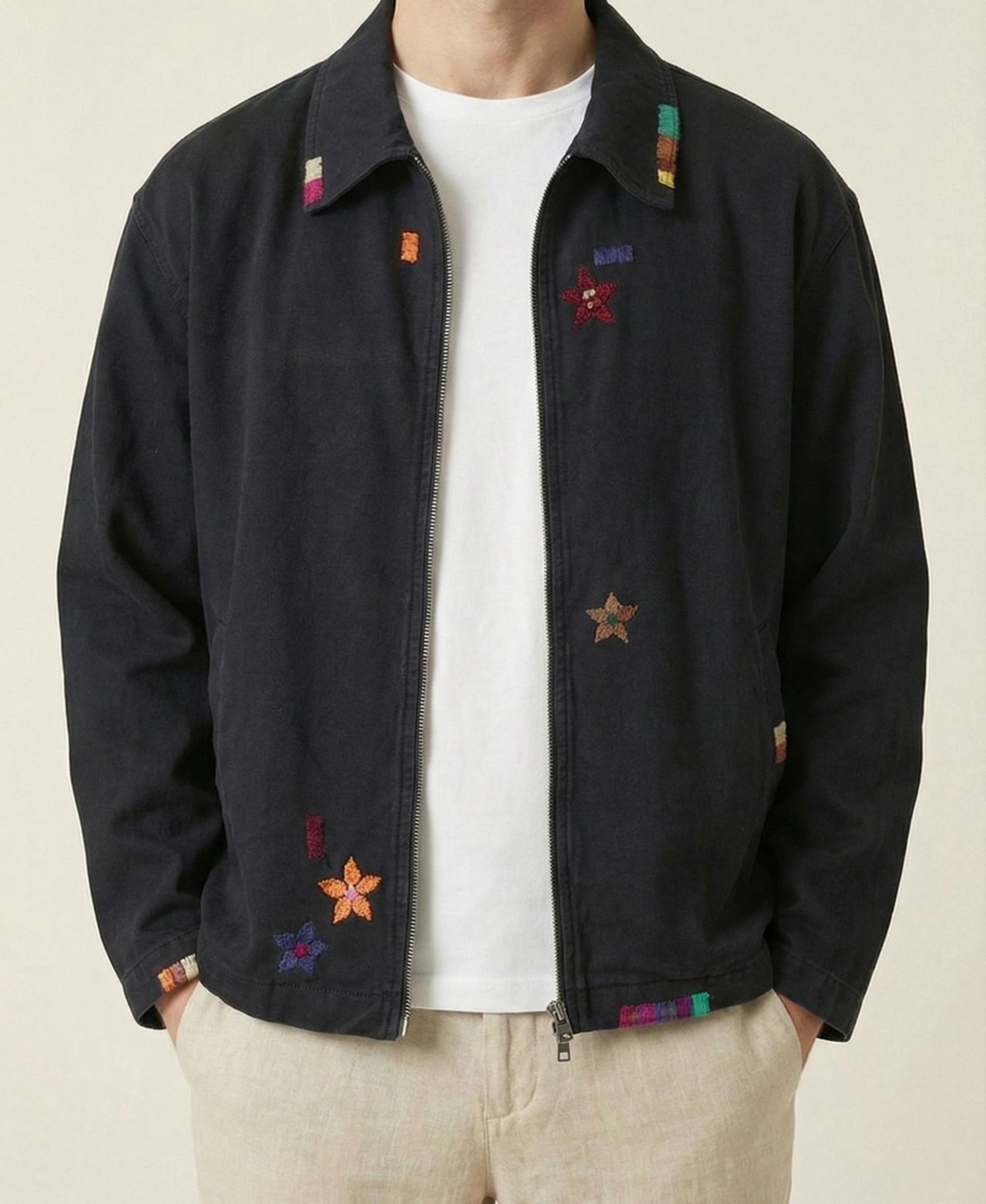 Men's Embroidered Contrast-Trim Zip-Front Jacket