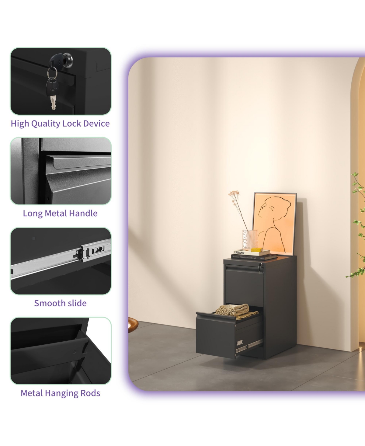 Rainsken Vertical Metal File Cabinet - 2 Drawer Office Storage Filing with Lock for A4 Legal/Letter