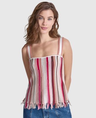 Women's Striped Pointelle Stitch Bandeau Knit Cotton Tank Top
