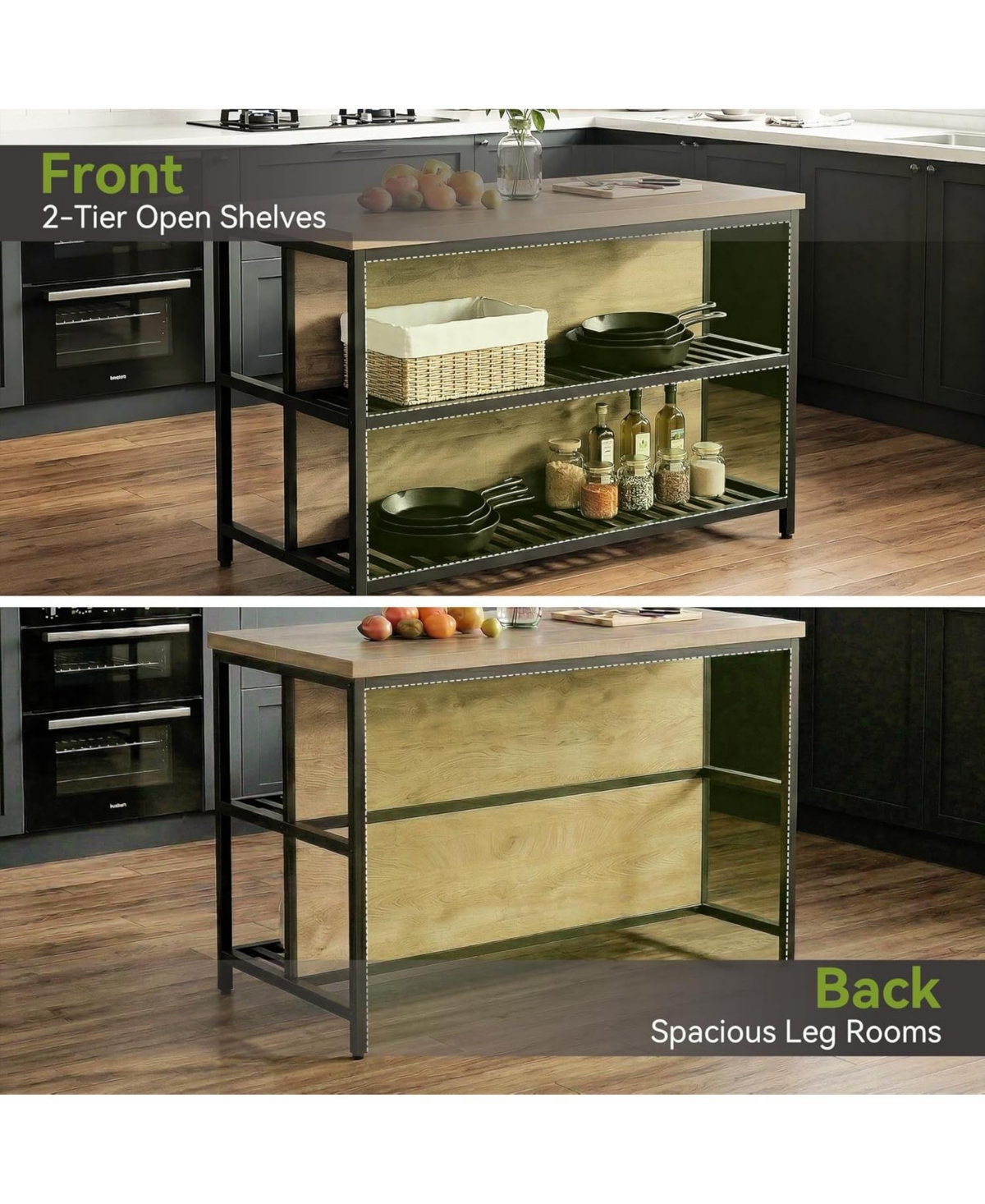 Tribesigns 55-Inch Kitchen Island Table with Storage, 3-Tier Stationary Center Island Table with Metal Base, Farmhouse Rustic Kitchen Island