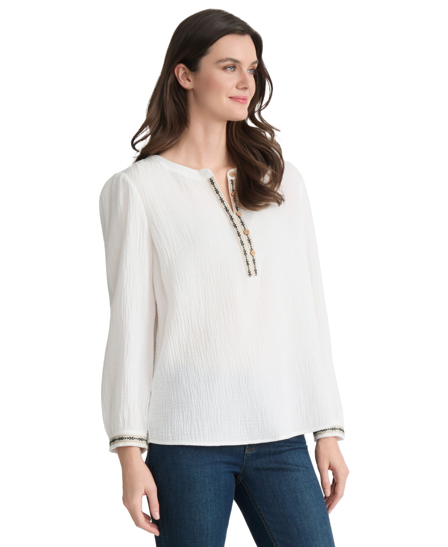 Petite V-Neck Embroidered Placket Popover Top