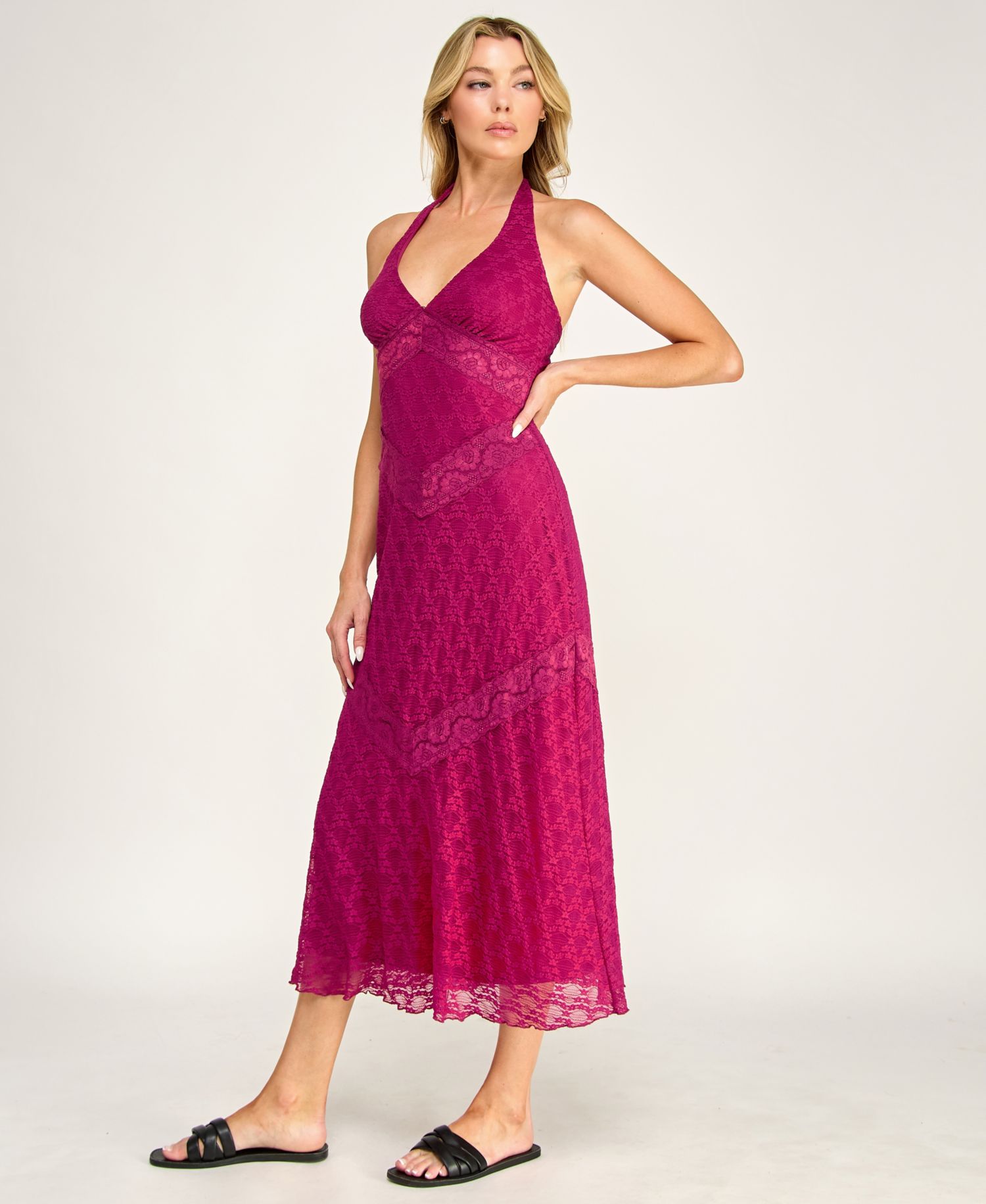 Juniors' Lace Detail Halter Neck Midi Dress