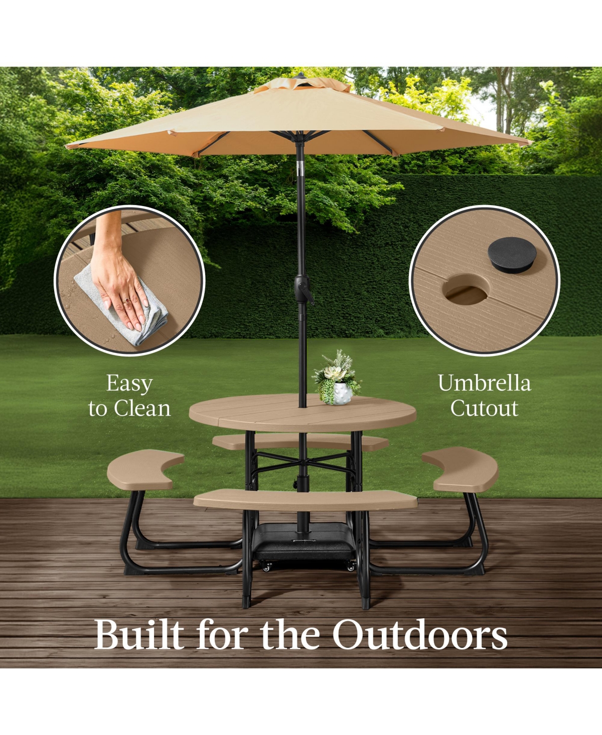 Best Choice Products 8-Person Circular Outdoor Picnic Table w/ 4 Benches, Umbrella Hole, 2000lb Capacity