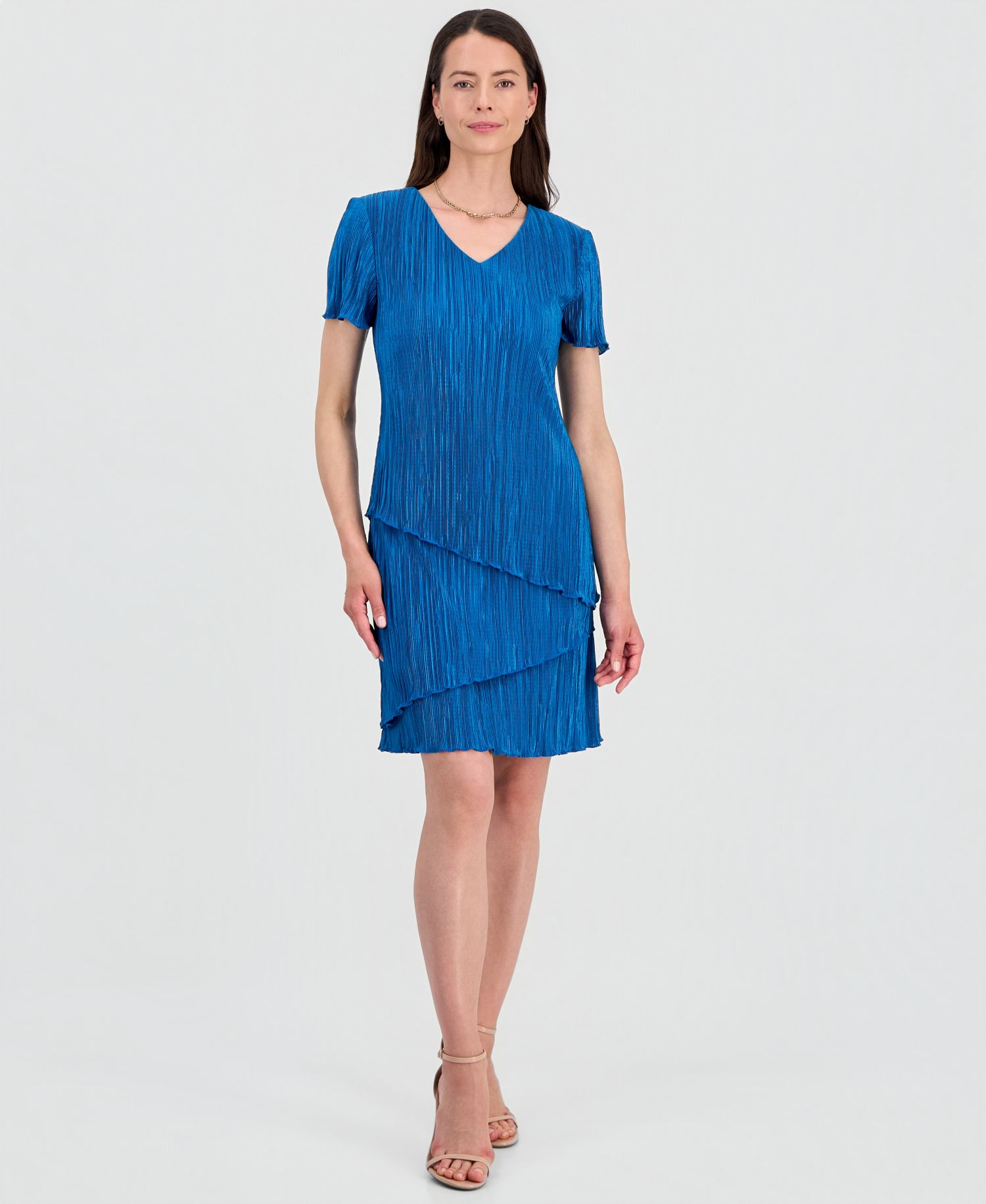 Petite V-Neck Tiered Short-Sleeve Sheath Dress