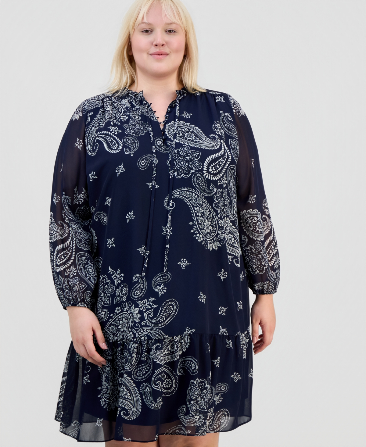 Robbie Bee Plus Printed Chiffon Tie-Neck Tiered Dress
