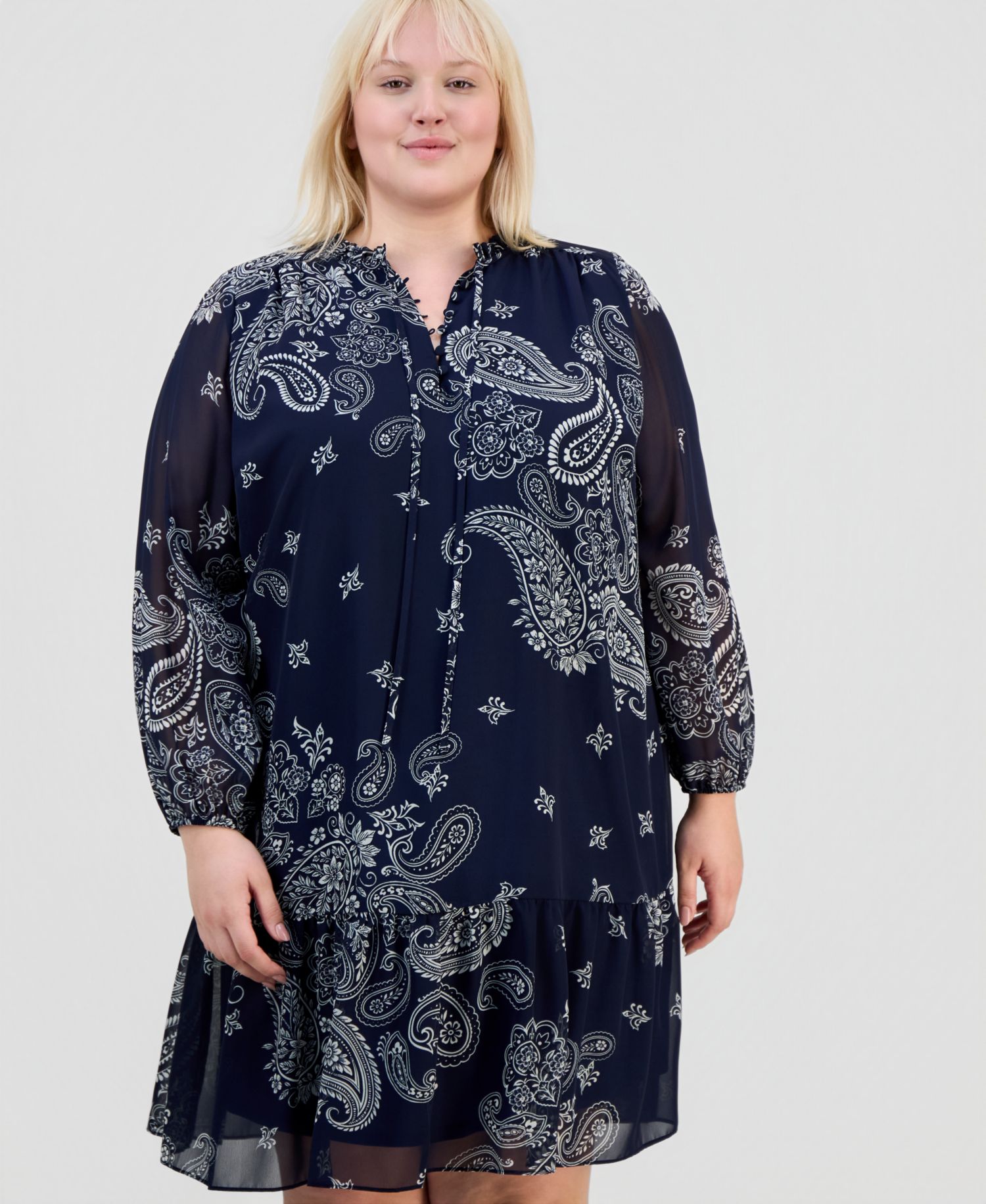 Plus Size Printed Chiffon Tie-Neck Tiered Dress