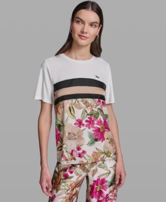 Women's Short-Sleeve Mixed Media Print Knit Top