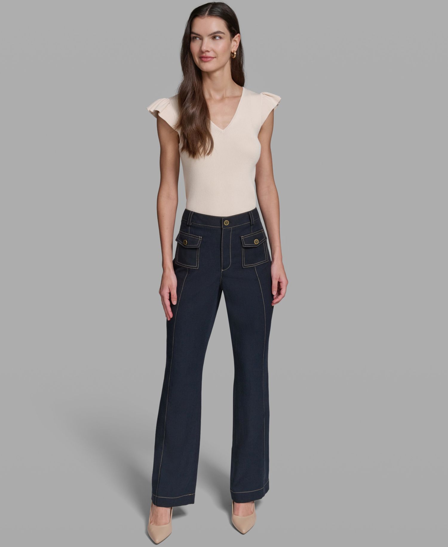 Women's Front Pockets Mid-Rise Straight Long Pants
