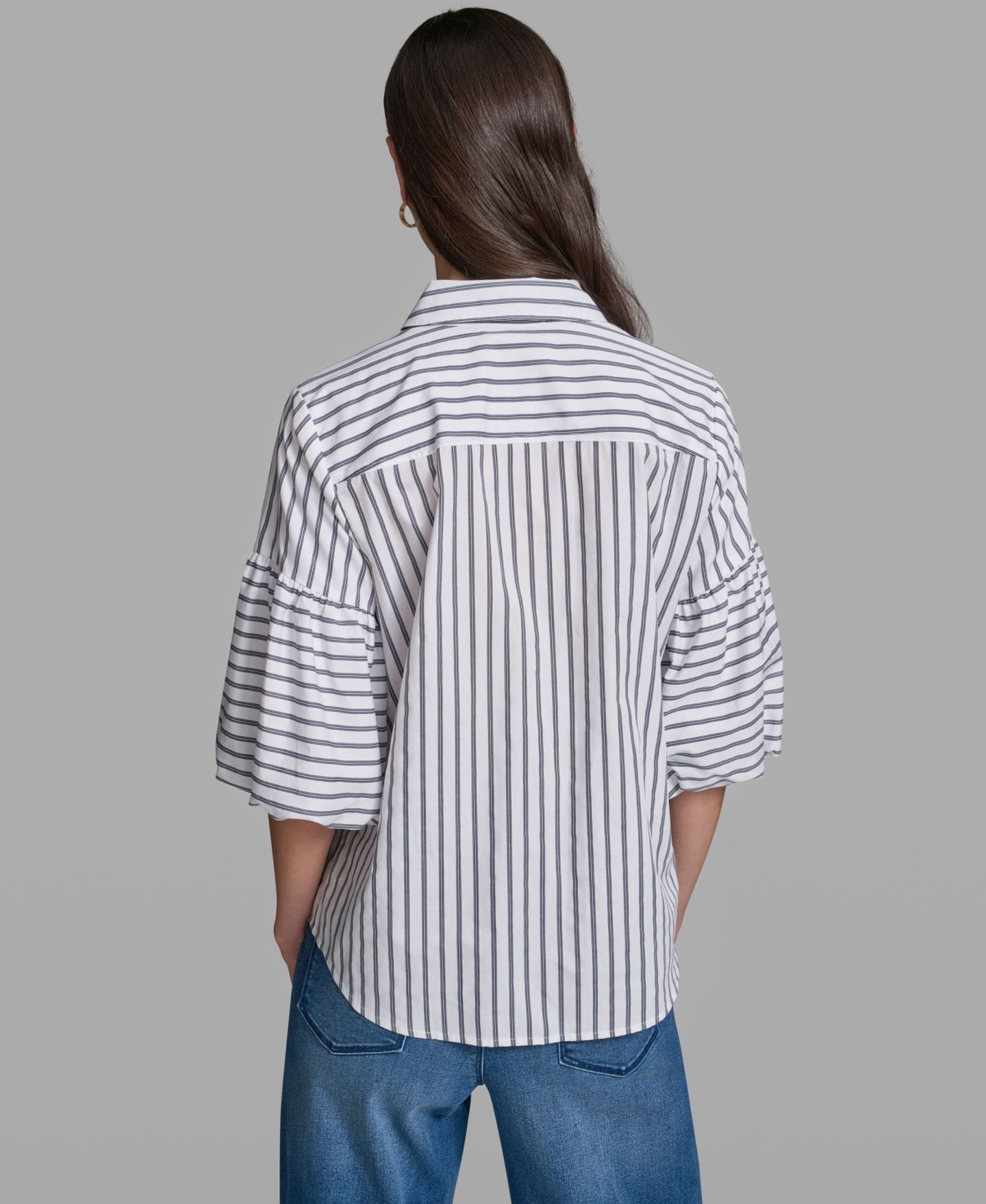 Женская рубашка KARL LAGERFELD PARIS Short-Sleeve Striped, цвет: Белый / Тёмно-синий разноцветный — фото 5
