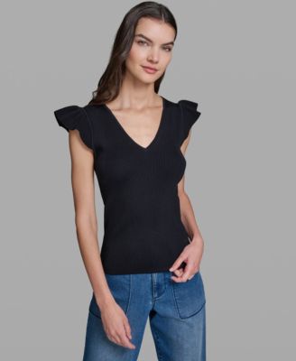 Women's V-Neck Flutter Cap-Sleeve Sweater