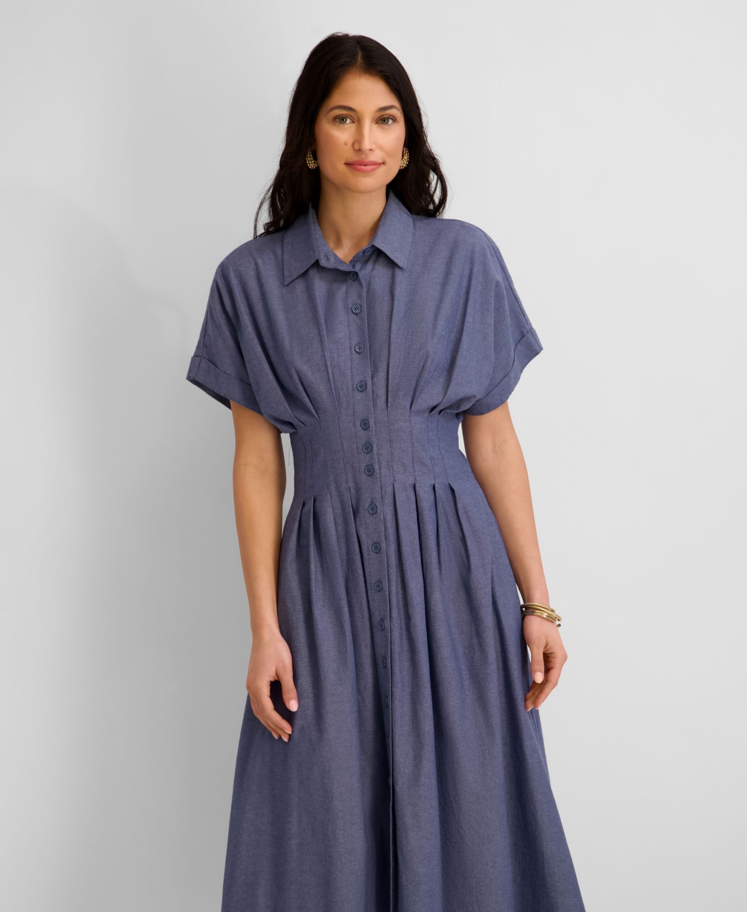 Women's Button-Front Short-Sleeve Midi Shirt-Dress