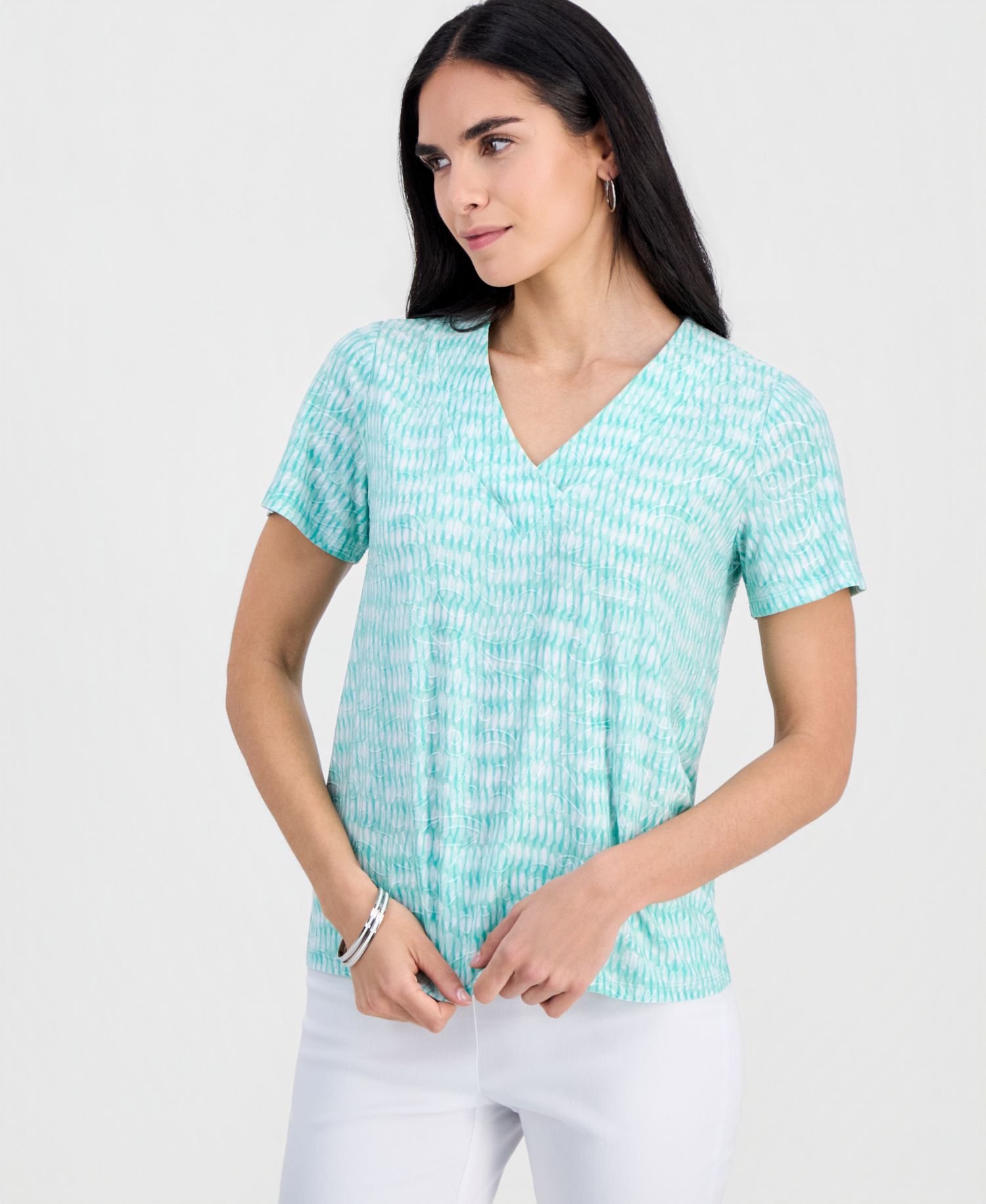 Petite Short-Sleeve Jacquard V-Neck Top