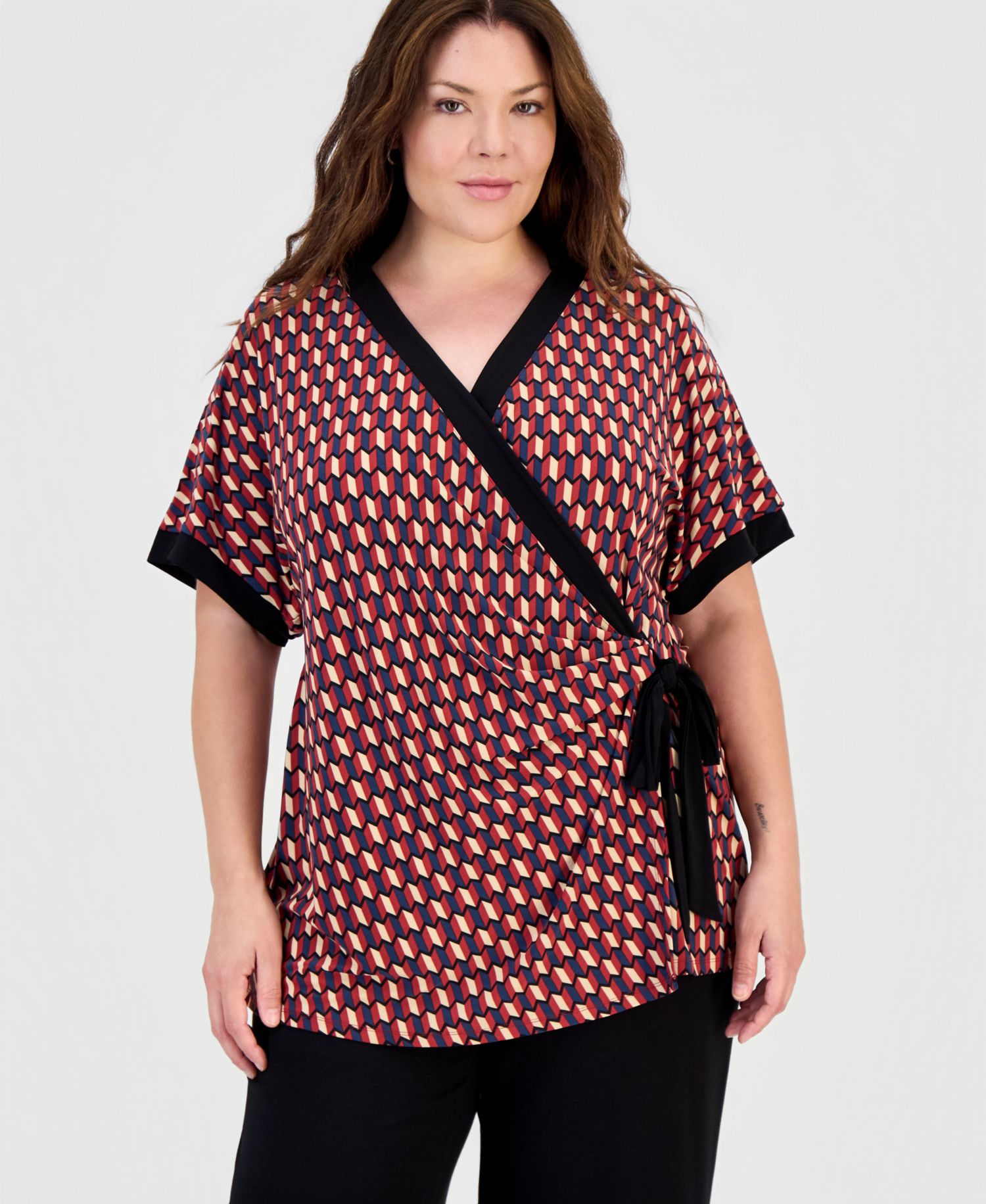 Plus Size Printed Short-Sleeve Wrap Tunic