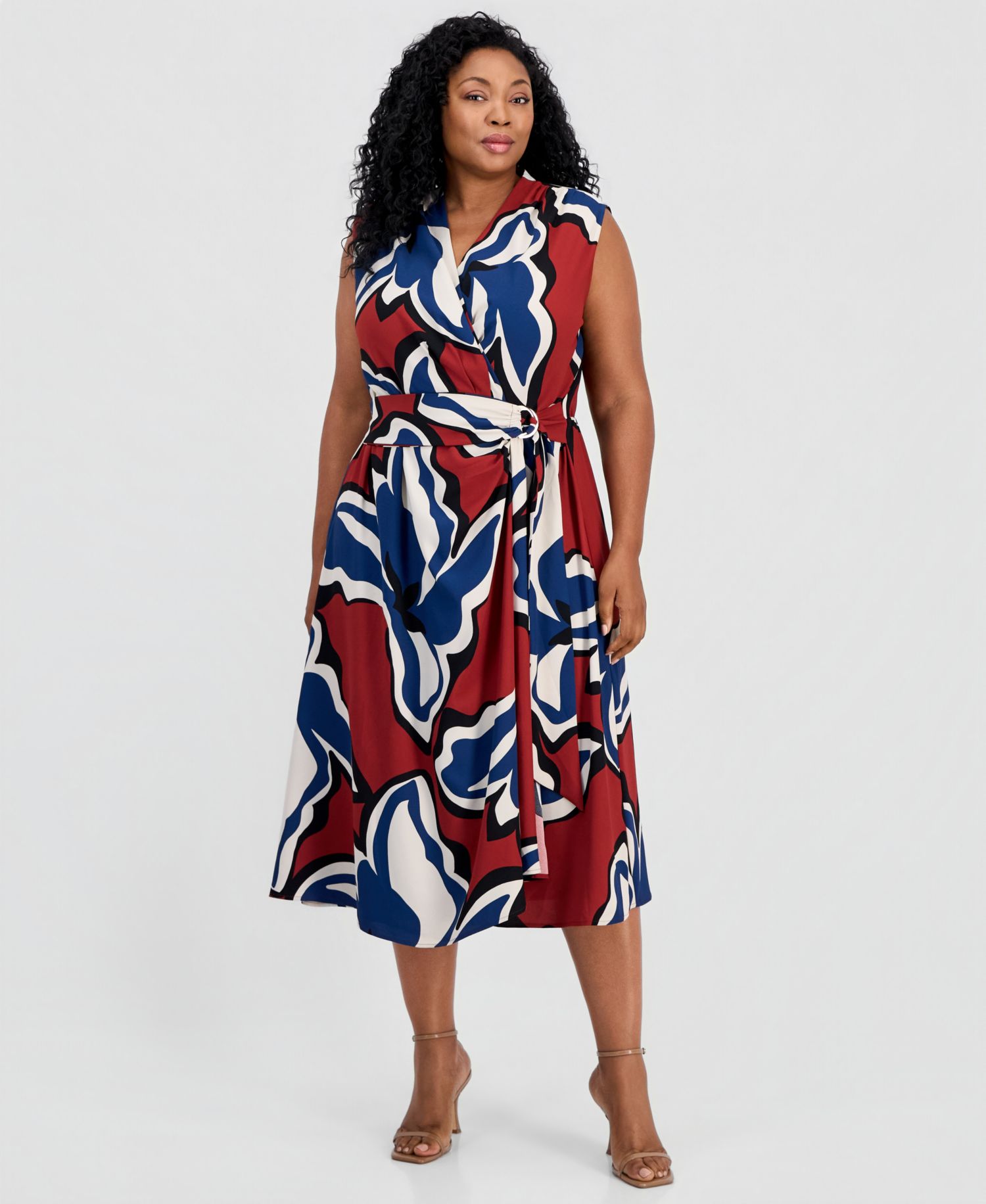 Plus Size Sleeveless Faux-Wrap Midi Dress