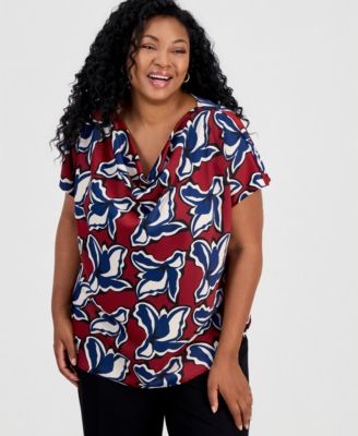 Plus Size Floral-Print Cowl-Neck Blouse
