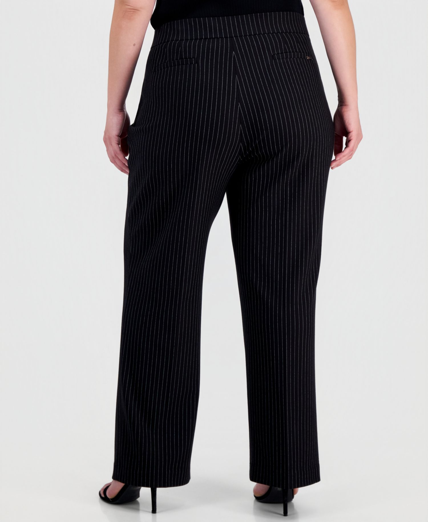 Plus Size Pull-On Pinstripe Wide-Leg Trousers