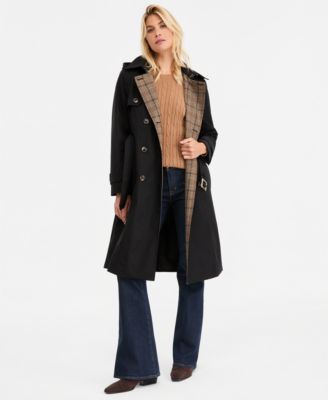 Women's Plaid-Collar Belted Trench Coat, Created for Macy's