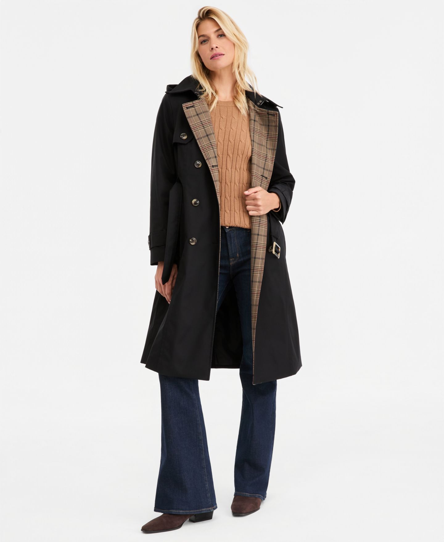Женское пальто London Fog Plaid-Collar Belted Trench Coat, цвет: Чёрный — фото 1