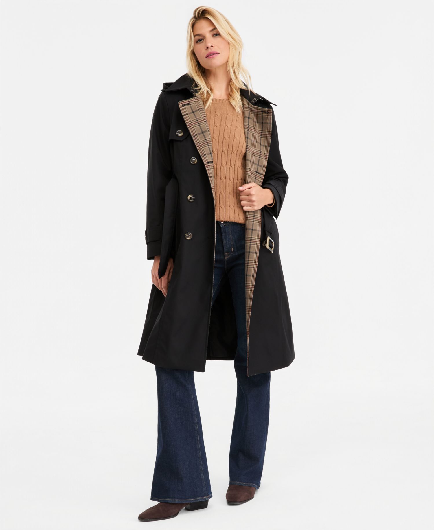 Women's Plaid-Collar Belted Trench Coat, Created for Macy's