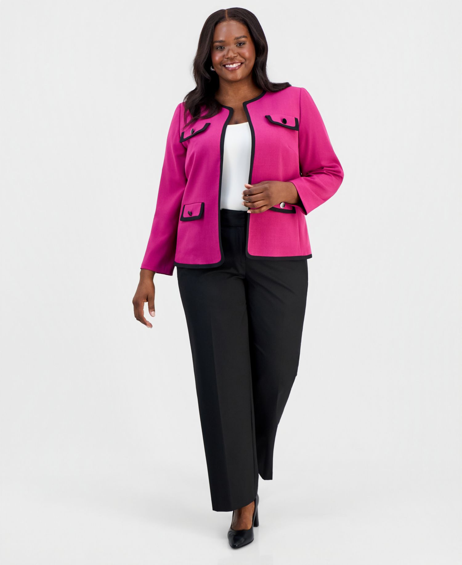 Plus Size Collarless Open-Front Framed Jacket