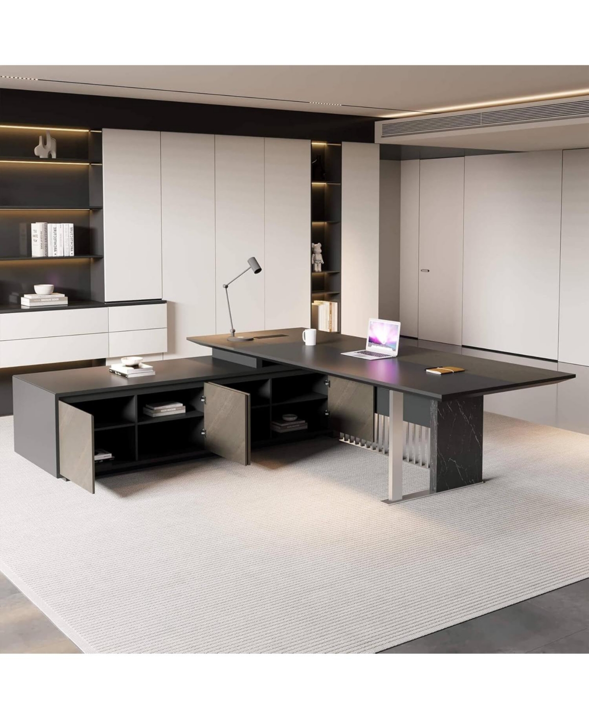 logicfox 86inch Large L Shaped Executive Desk with Universal Charging Ports and Cable Management