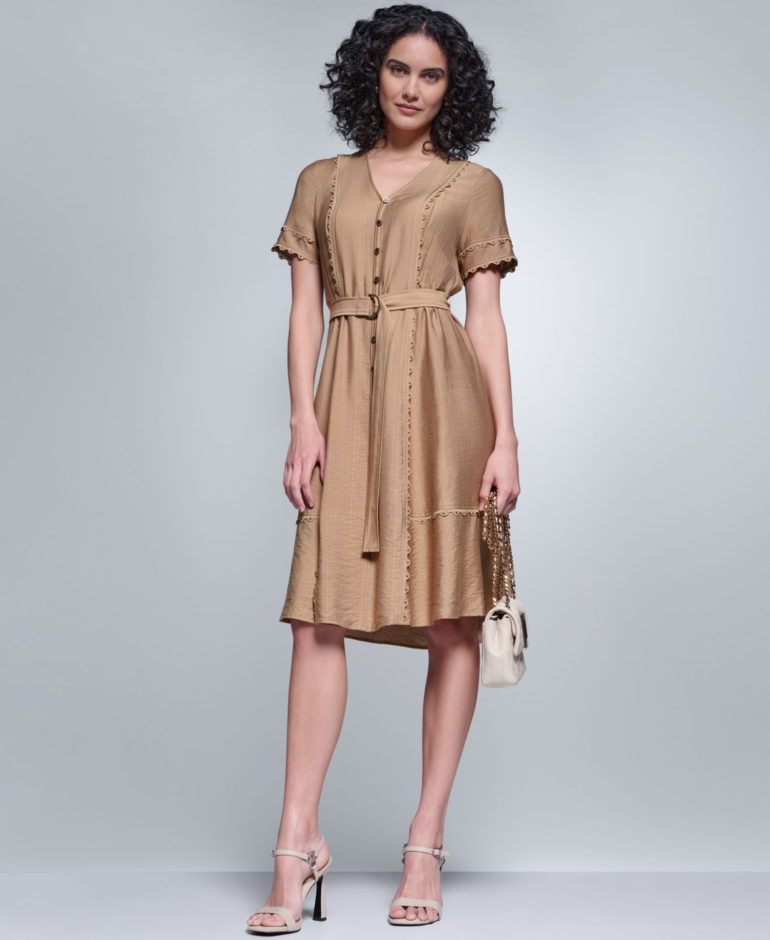 Women's Belted Nailhead Trim V-Neck Dress