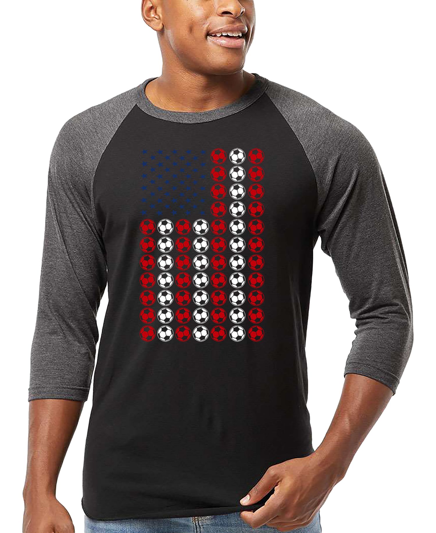 Men's American Flag Soccer Balls Word Art Raglan-Sleeve T-Shirt
