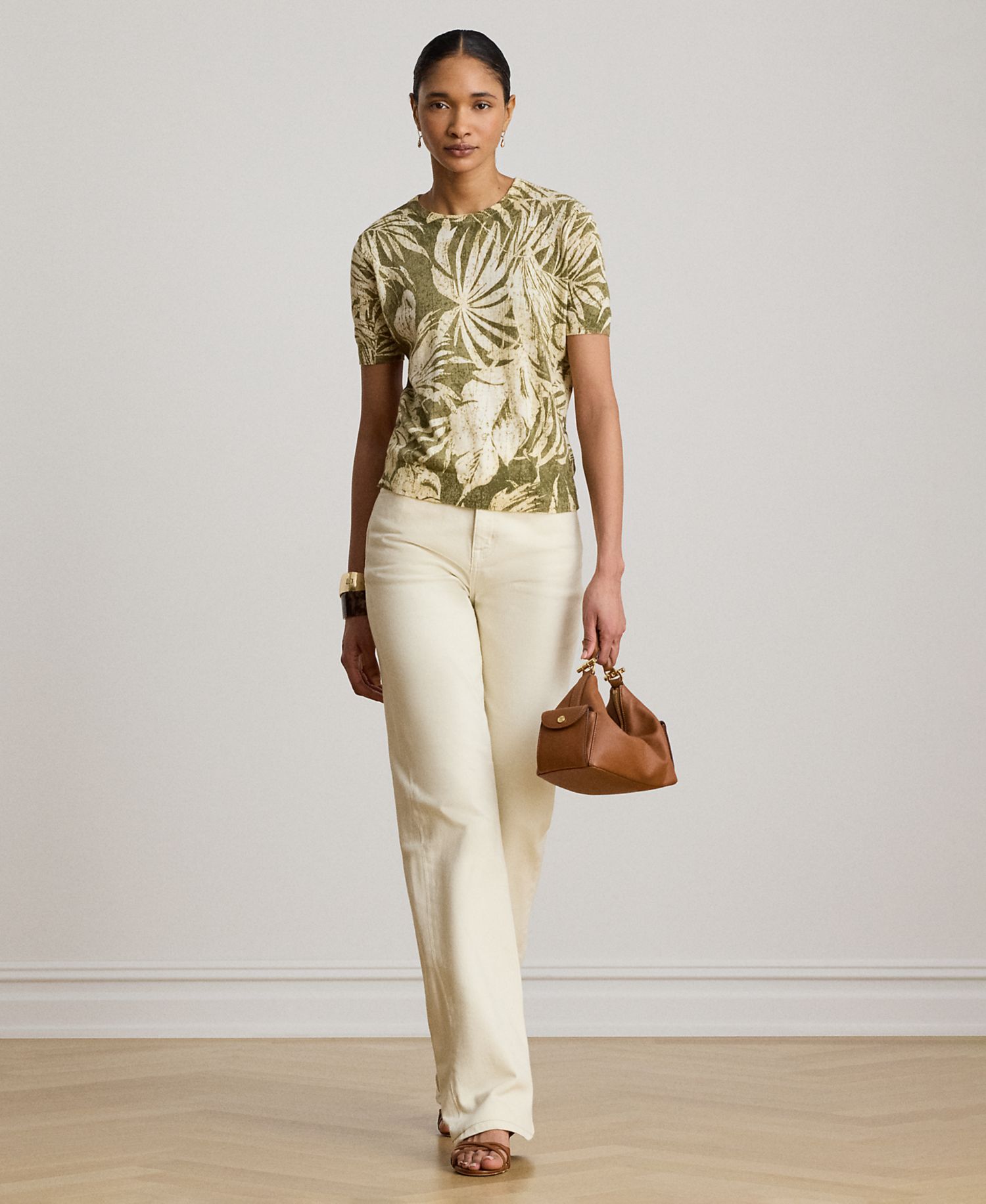 Petite Palm Frond Print Short-Sleeve Sweater