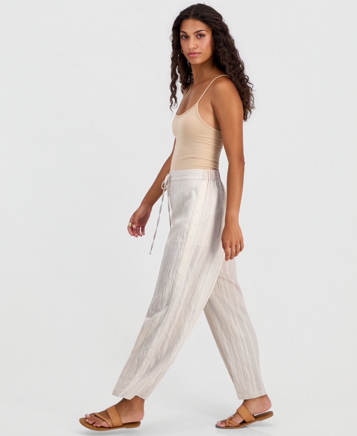 And Now This Petite Tie-Waist Lace-Trim Wide-Leg Pants, Macy's Exclusive