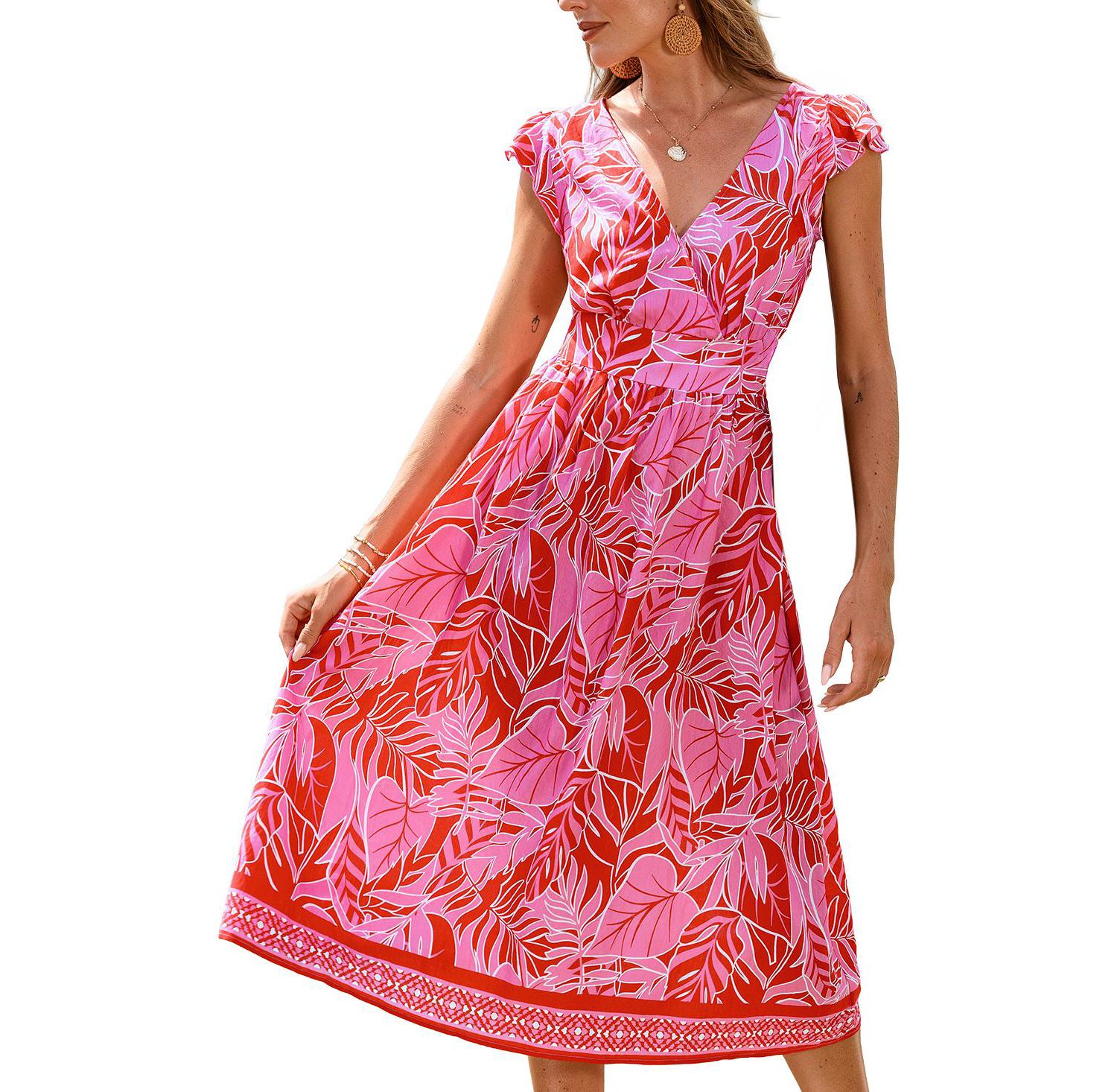 Women's Printed V-Neck Flutter Sleeve Beach Dress