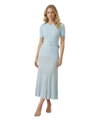 Women's Ribbed Knit Belted Pleated Midi Dress